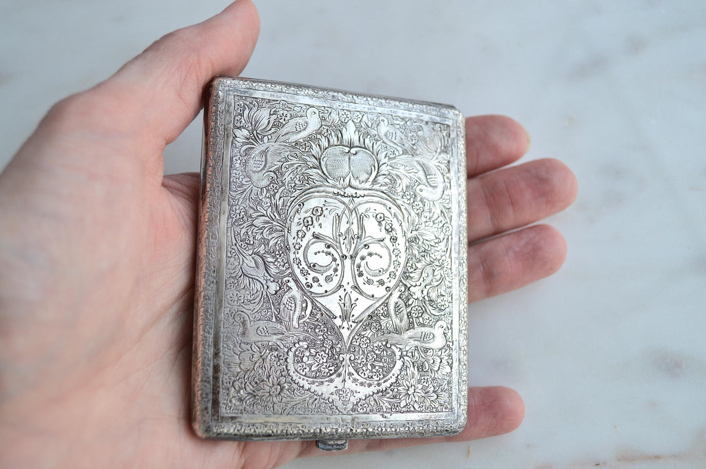 Antique Victorian Solid Silver Card Case/Wallet – Engraved Birds & Florals