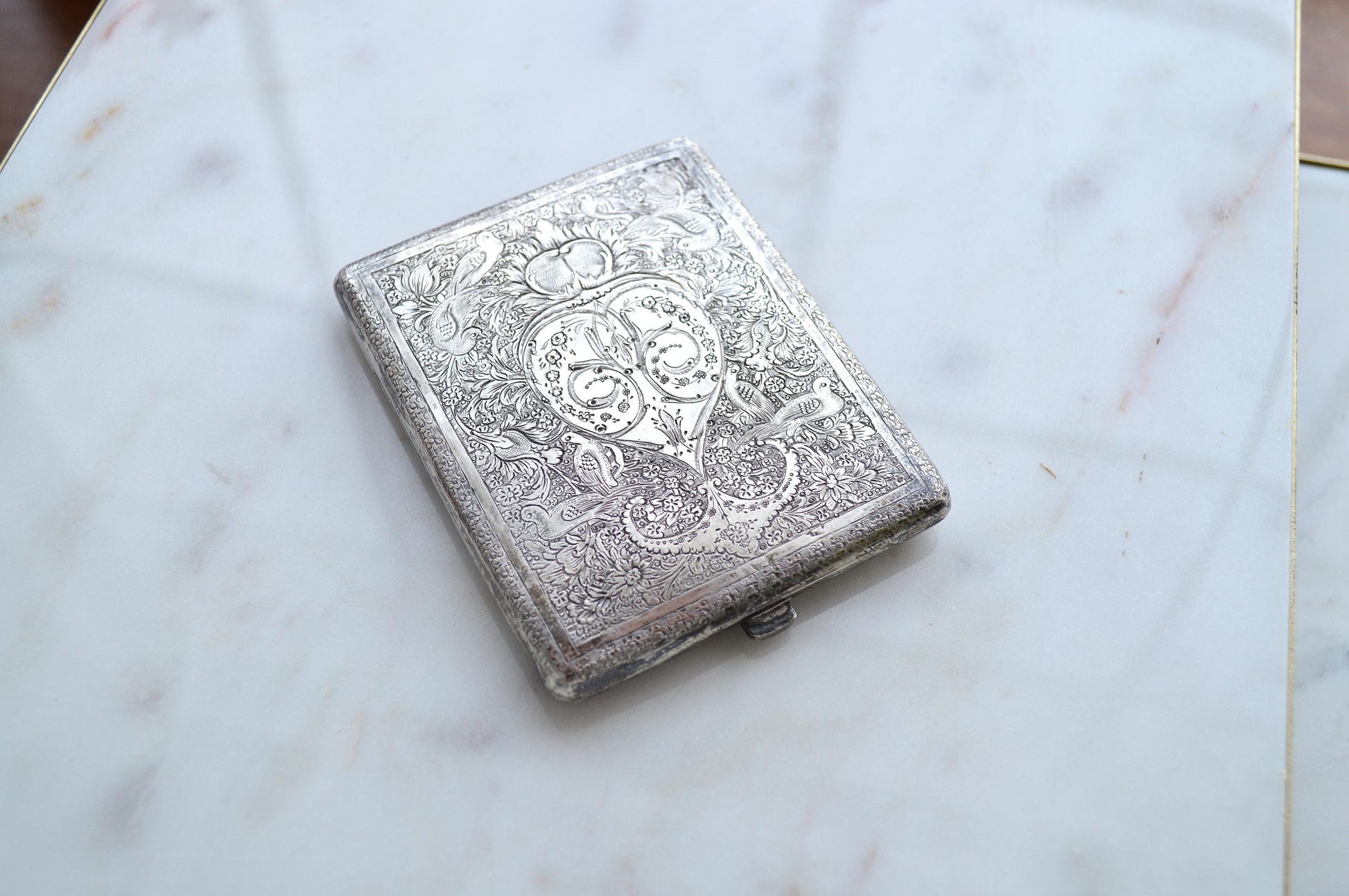 Antique Victorian Solid Silver Card Case/Wallet – Engraved Birds & Florals