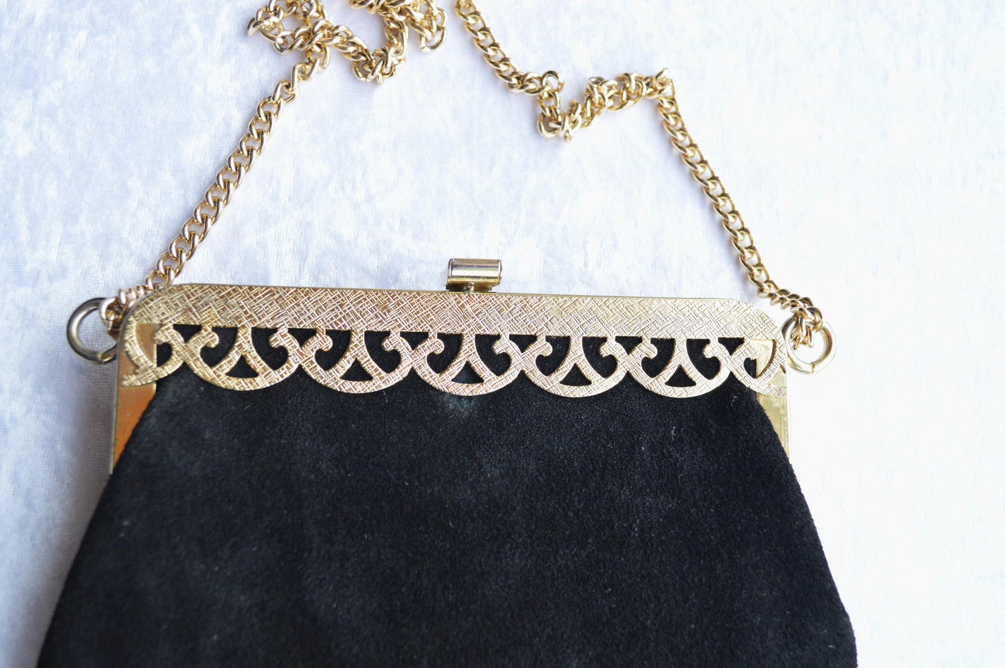 Vintage Black Suede Shoulder Bag with Gold Toned Chain and Trim