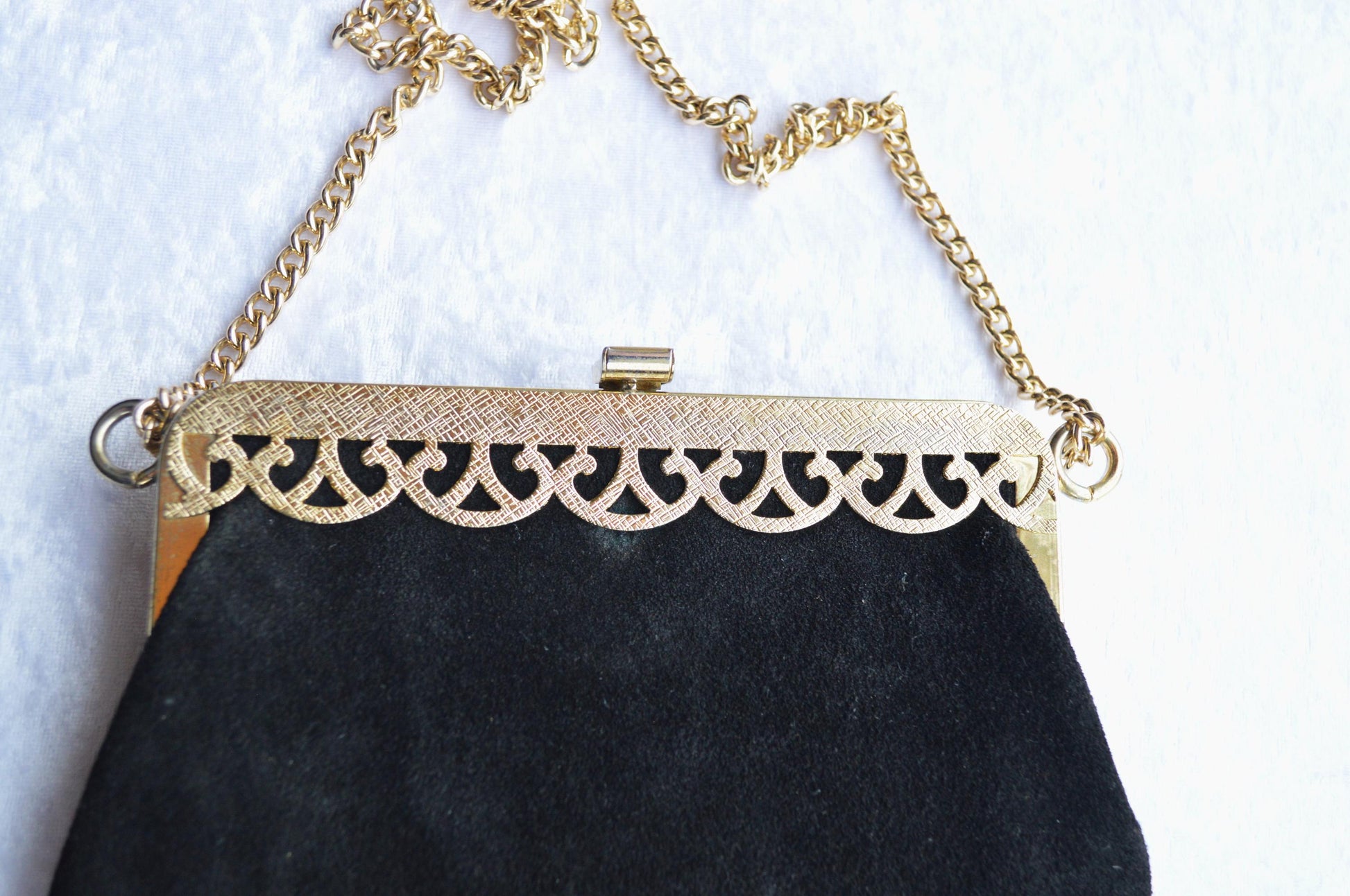 Vintage Black Suede Shoulder Bag with Gold Toned Chain and Trim