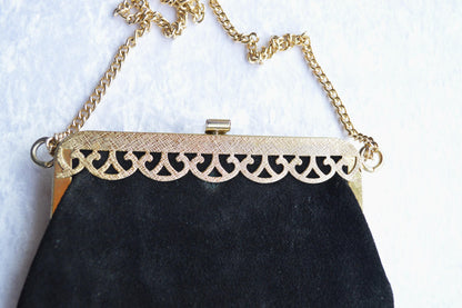 Vintage Black Suede Shoulder Bag with Gold Toned Chain and Trim
