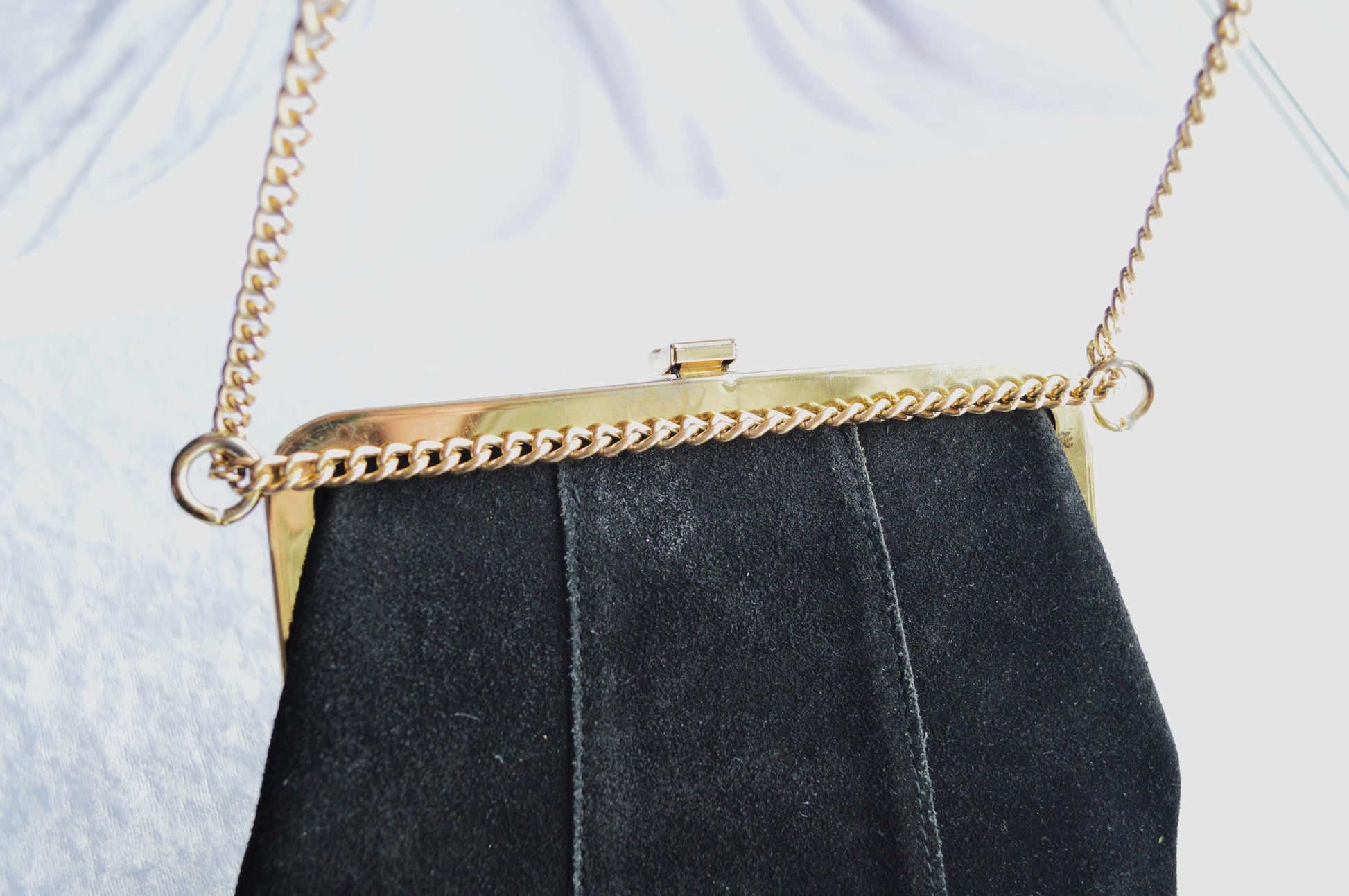 Vintage Black Suede Shoulder Bag with Gold Toned Chain and Trim