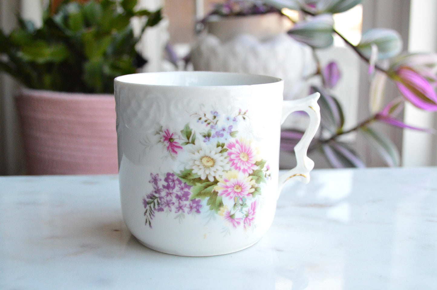Antique Floral Munich Germany Munchner Kindl Porcelain Coffee Mug with Raised Embossing Detail