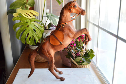 Antique Handmade Leather-Wrapped Rearing Horse Sculpture Figure, Equestrian Decor