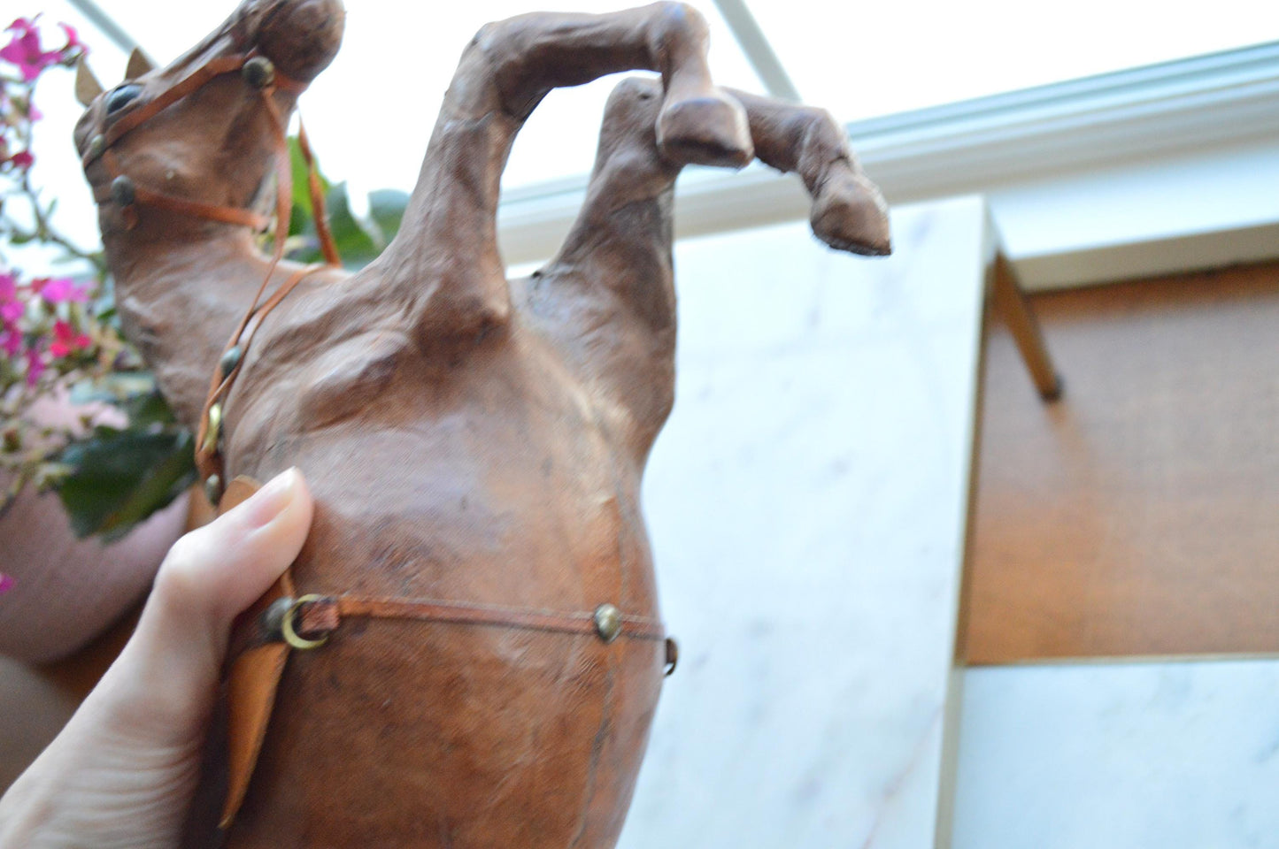 Antique Handmade Leather-Wrapped Rearing Horse Sculpture Figure, Equestrian Decor