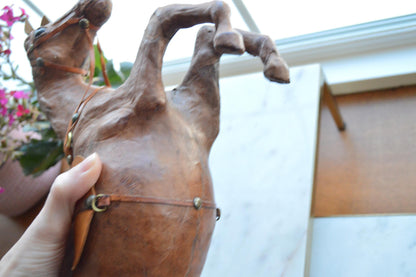 Antique Handmade Leather-Wrapped Rearing Horse Sculpture Figure, Equestrian Decor