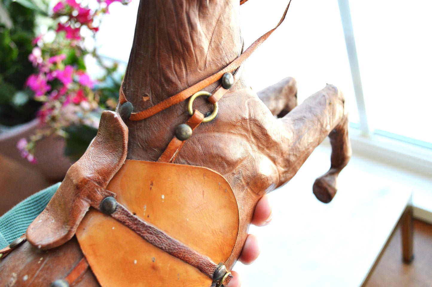 Antique Handmade Leather-Wrapped Rearing Horse Sculpture Figure, Equestrian Decor