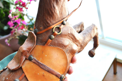 Antique Handmade Leather-Wrapped Rearing Horse Sculpture Figure, Equestrian Decor