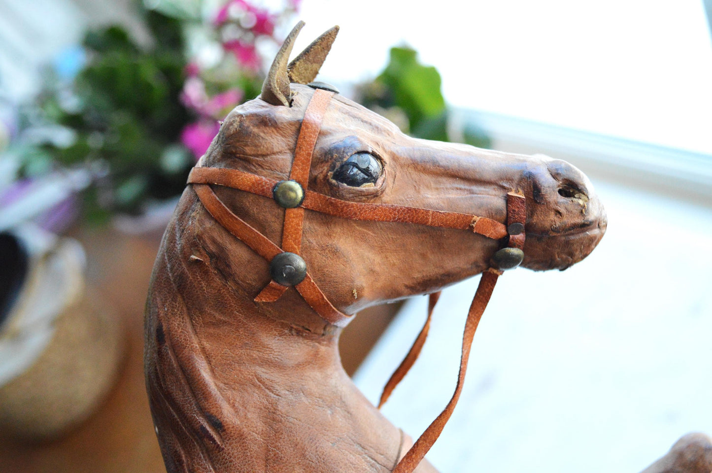 Antique Handmade Leather-Wrapped Rearing Horse Sculpture Figure, Equestrian Decor