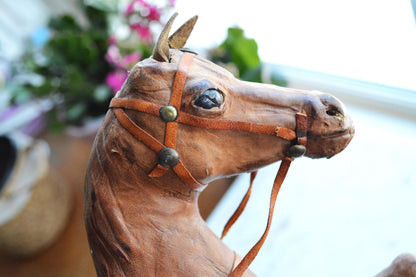 Antique Handmade Leather-Wrapped Rearing Horse Sculpture Figure, Equestrian Decor