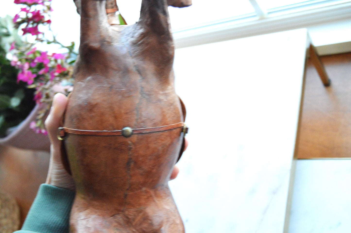 Antique Handmade Leather-Wrapped Rearing Horse Sculpture Figure, Equestrian Decor