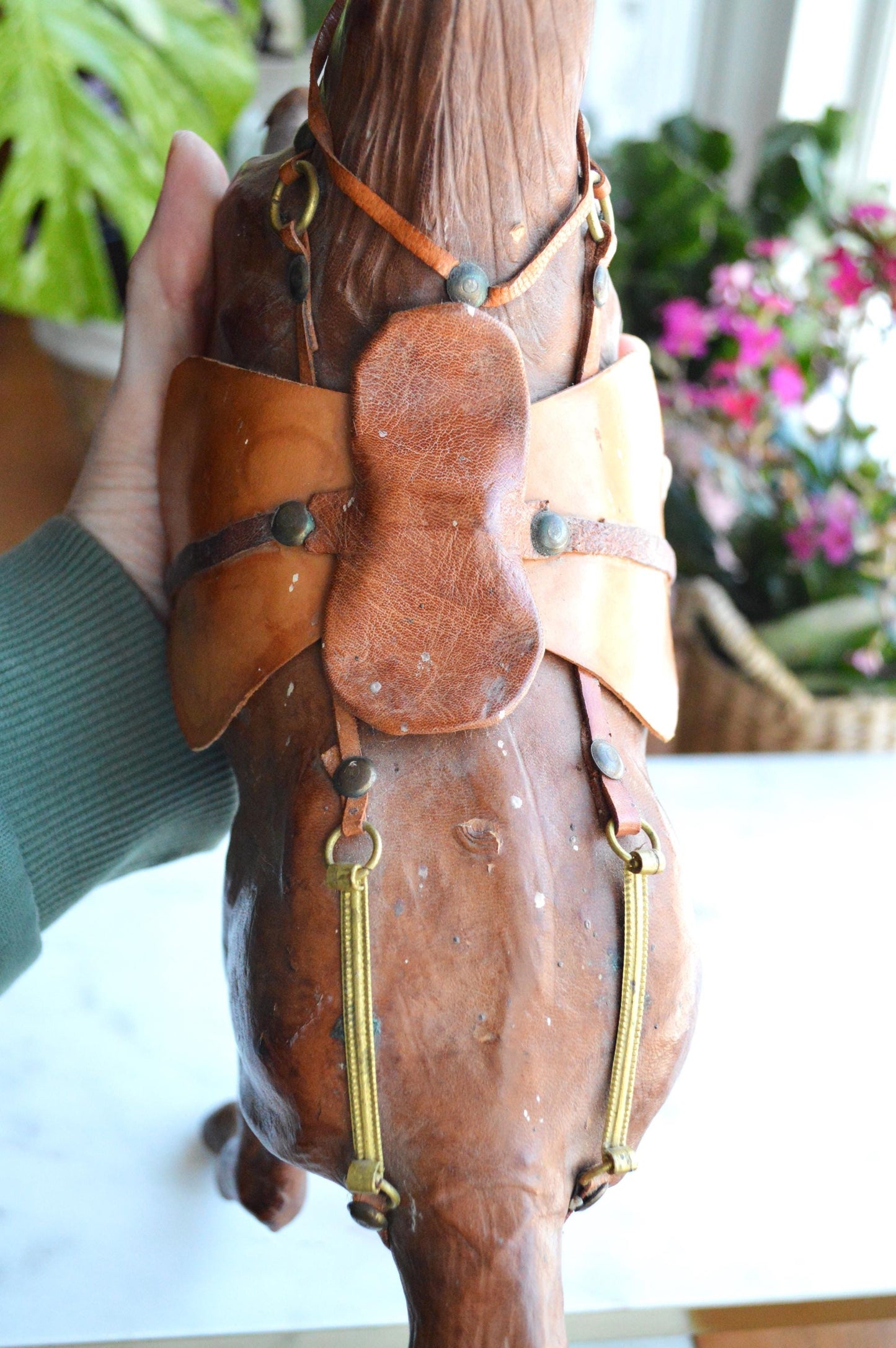 Antique Handmade Leather-Wrapped Rearing Horse Sculpture Figure, Equestrian Decor