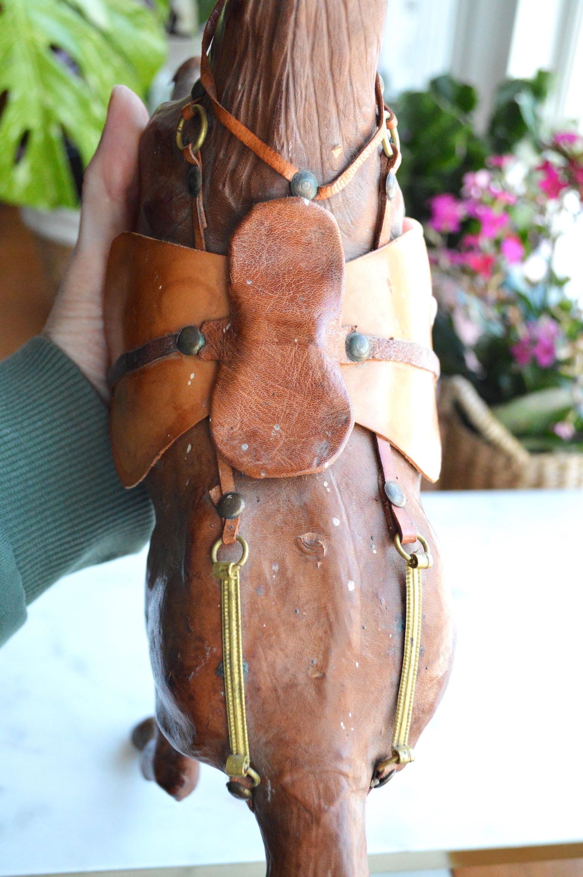 Antique Handmade Leather-Wrapped Rearing Horse Sculpture Figure, Equestrian Decor