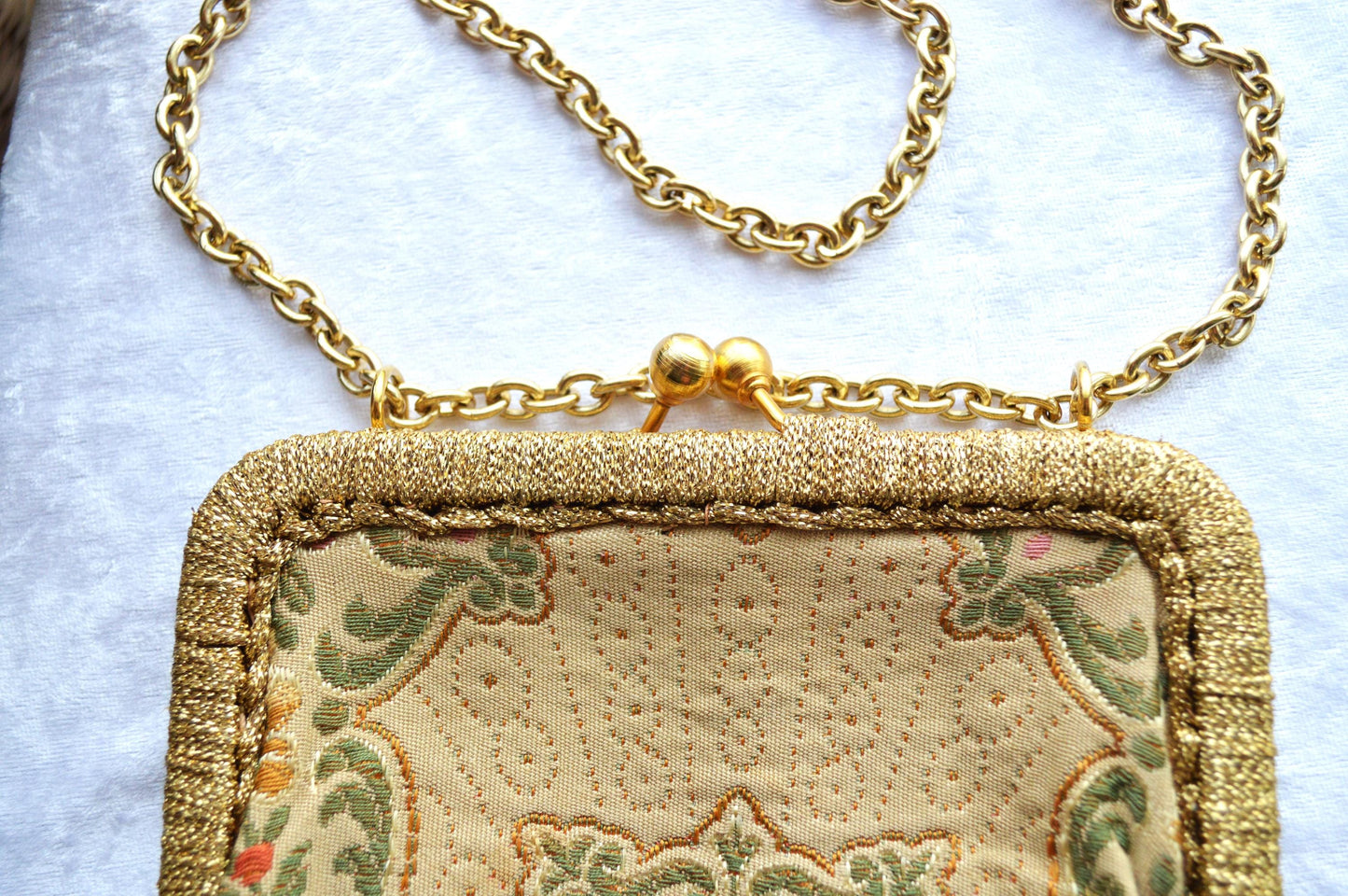 Antique Mister Simon Ernest Tapestry Evening Bag, Made in Italy, Gold Tone Frame & Chain