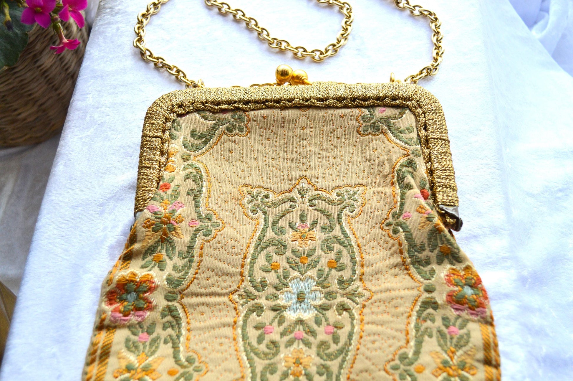 Antique Mister Simon Ernest Tapestry Evening Bag, Made in Italy, Gold Tone Frame & Chain