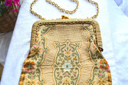 Antique Mister Simon Ernest Tapestry Evening Bag, Made in Italy, Gold Tone Frame & Chain