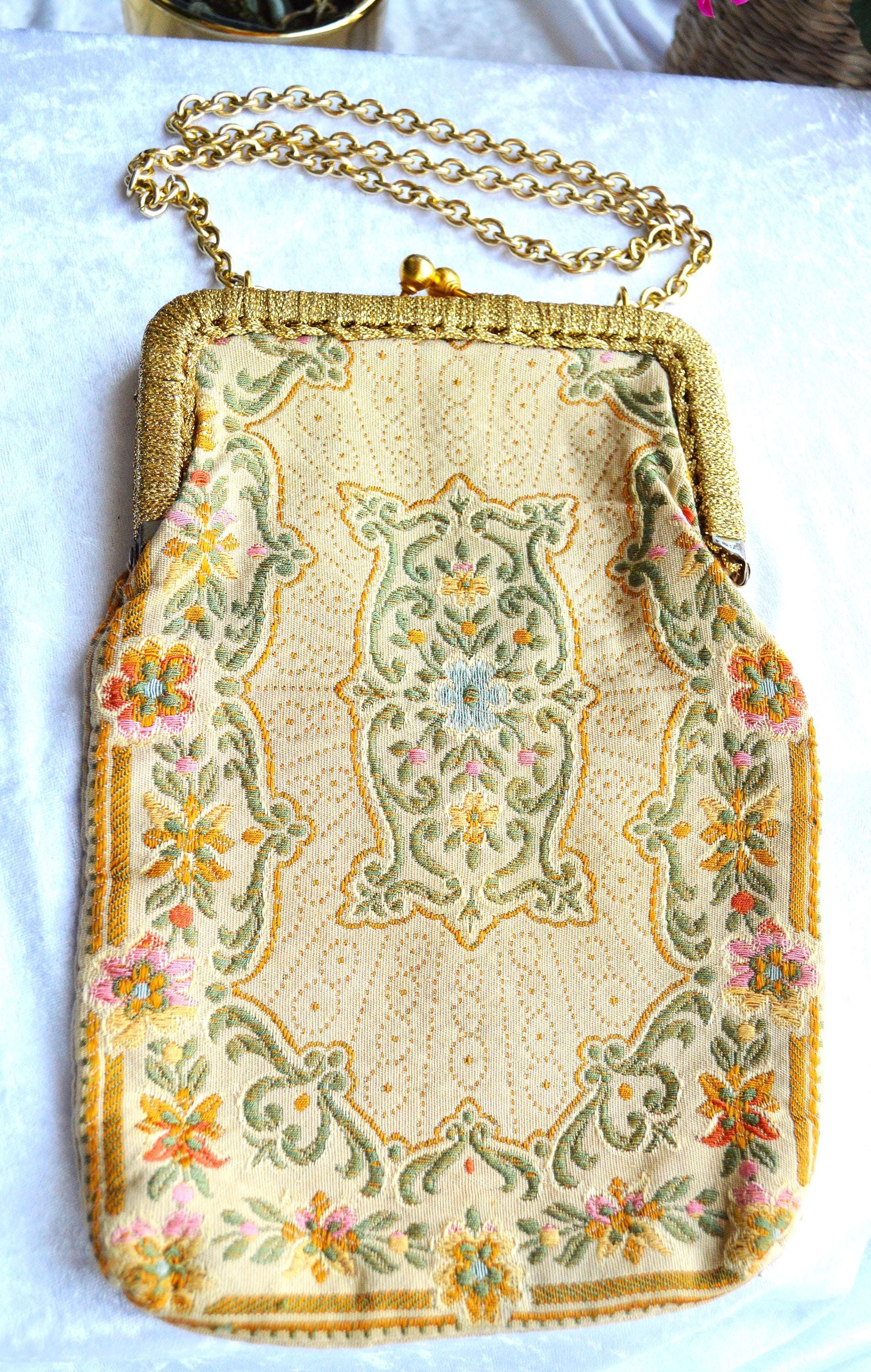 Antique Mister Simon Ernest Tapestry Evening Bag, Made in Italy, Gold Tone Frame & Chain