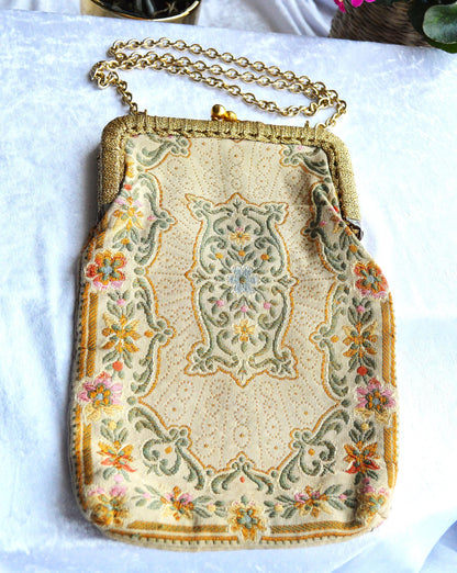 Antique Mister Simon Ernest Tapestry Evening Bag, Made in Italy, Gold Tone Frame & Chain