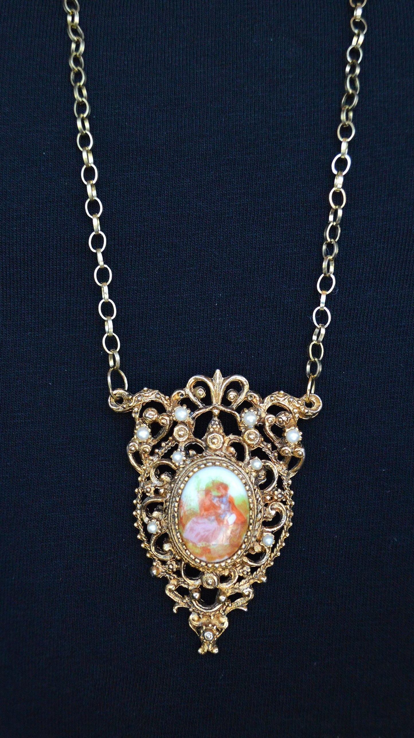 Vintage Mid-Century Victorian Revival Ornate Filigree Porcelain Pendant Necklace
