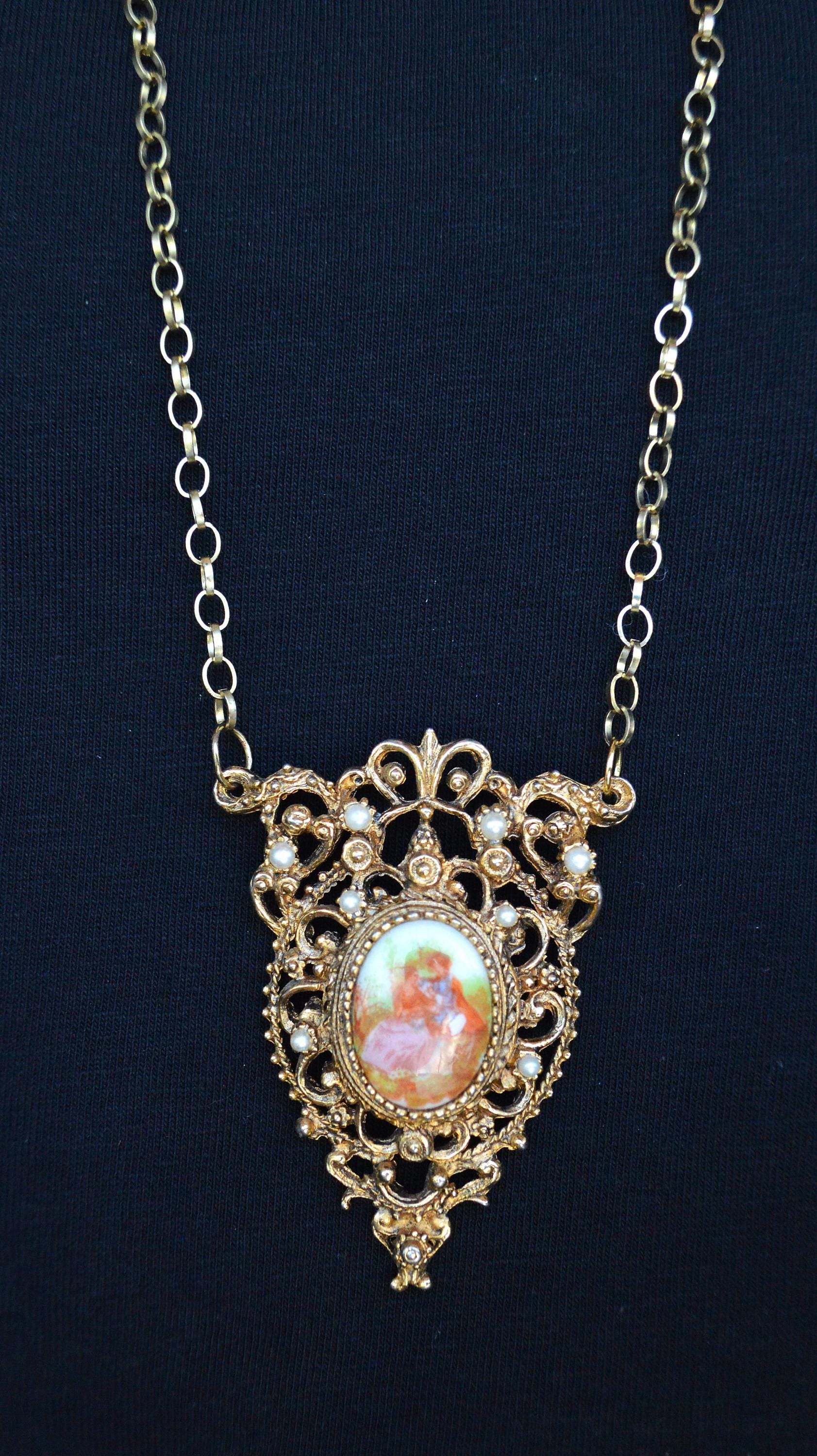 Vintage Mid-Century Victorian Revival Ornate Filigree Porcelain Pendant Necklace