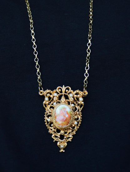 Vintage Mid-Century Victorian Revival Ornate Filigree Porcelain Pendant Necklace