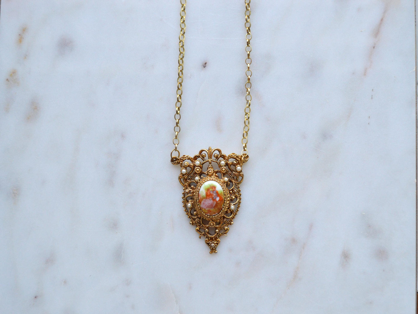 Vintage Mid-Century Victorian Revival Ornate Filigree Porcelain Pendant Necklace