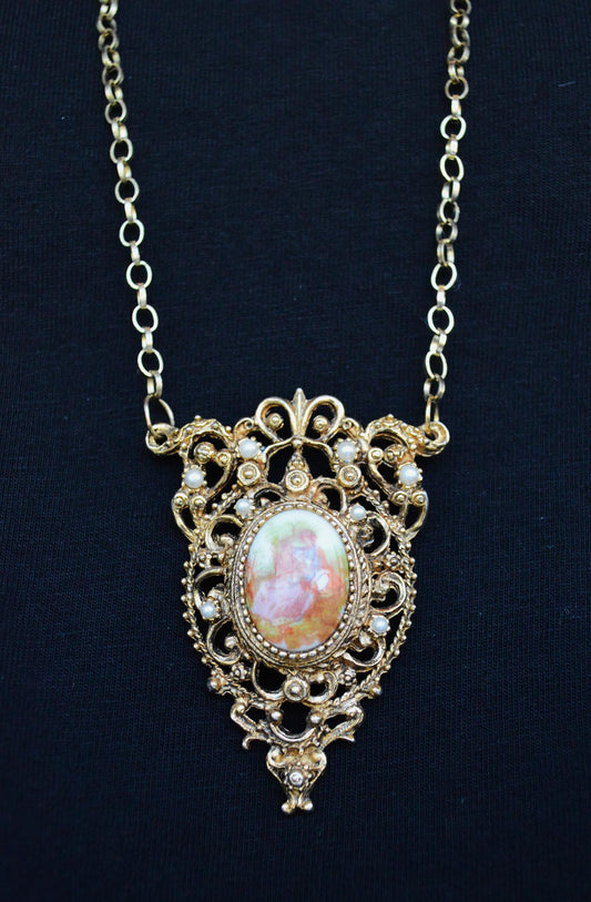 Vintage Mid-Century Victorian Revival Ornate Filigree Porcelain Pendant Necklace