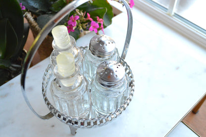 Antique Silver Plated Cruet and Condiment Set, Salt and Pepper Shakers with Caddy
