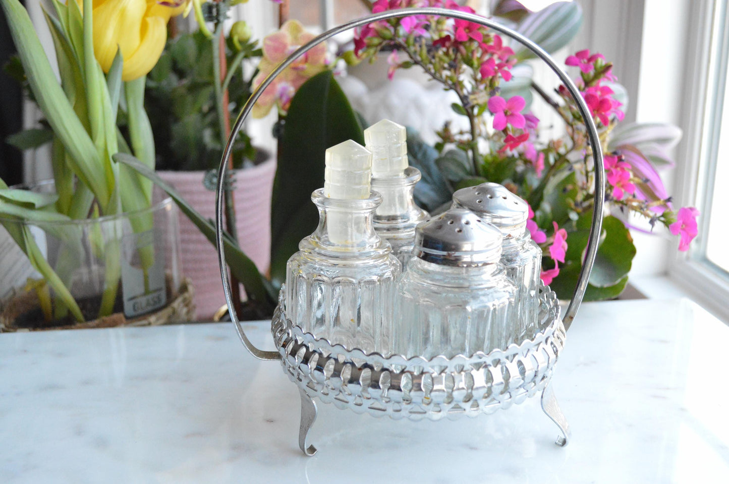 Antique Silver Plated Cruet and Condiment Set, Salt and Pepper Shakers with Caddy
