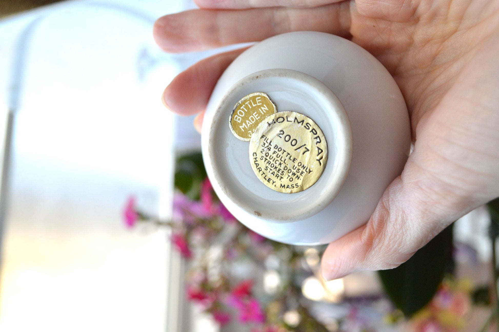 Vintage Holmspray Mid-Century Porcelain Perfume Bottle, T.J. Holmes, Chartley Mass., Gold Trim