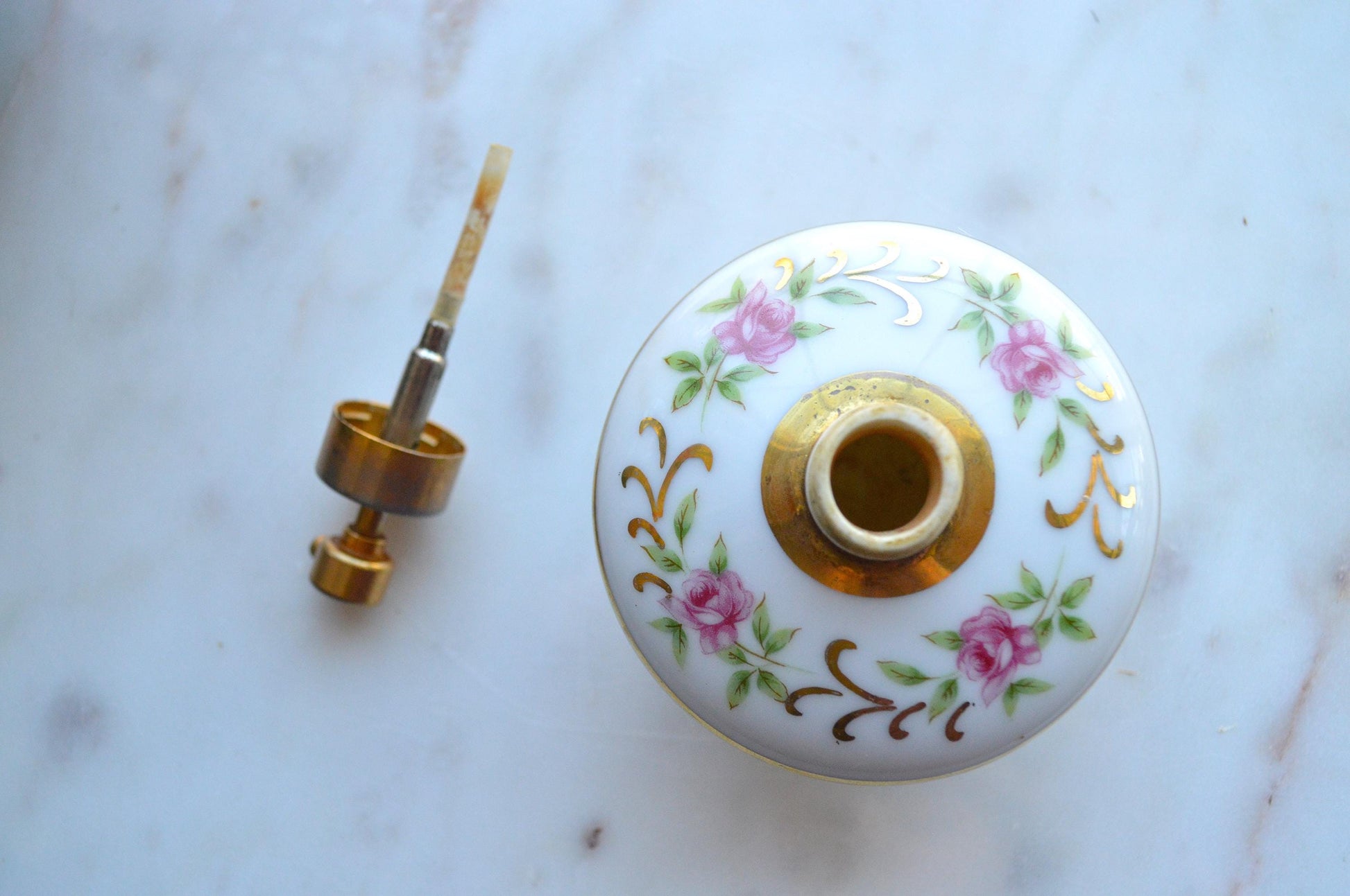 Vintage Holmspray Mid-Century Porcelain Perfume Bottle, T.J. Holmes, Chartley Mass., Gold Trim