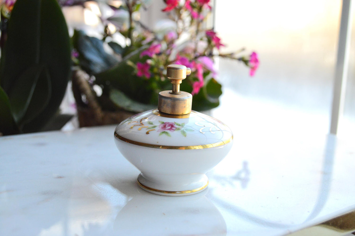Vintage Holmspray Mid-Century Porcelain Perfume Bottle, T.J. Holmes, Chartley Mass., Gold Trim