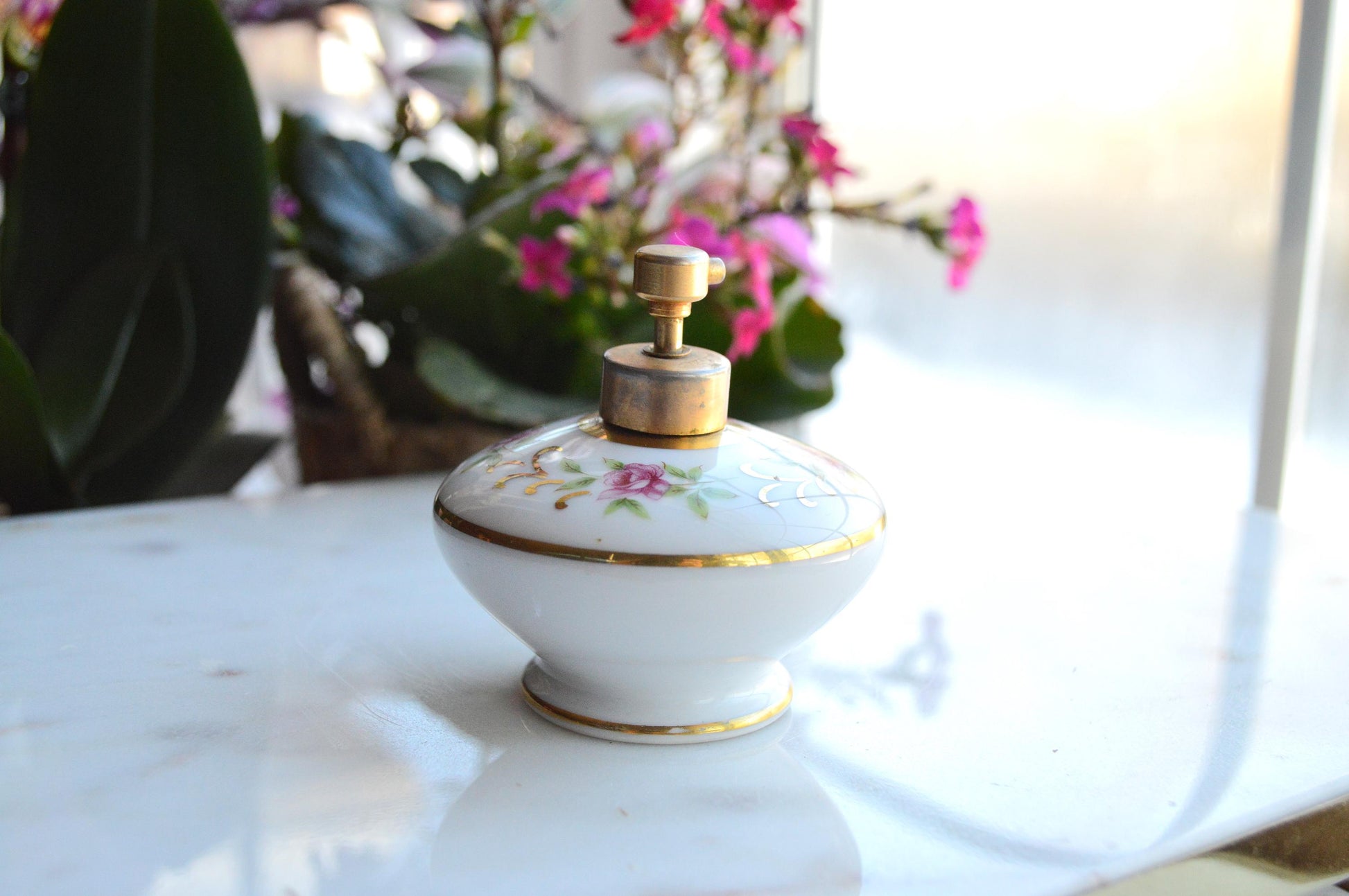 Vintage Holmspray Mid-Century Porcelain Perfume Bottle, T.J. Holmes, Chartley Mass., Gold Trim