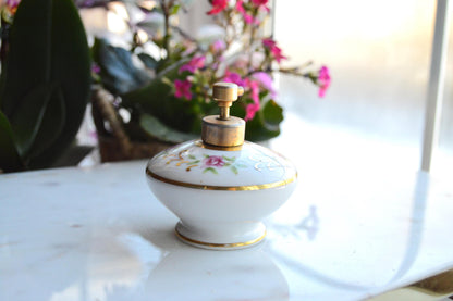 Vintage Holmspray Mid-Century Porcelain Perfume Bottle, T.J. Holmes, Chartley Mass., Gold Trim