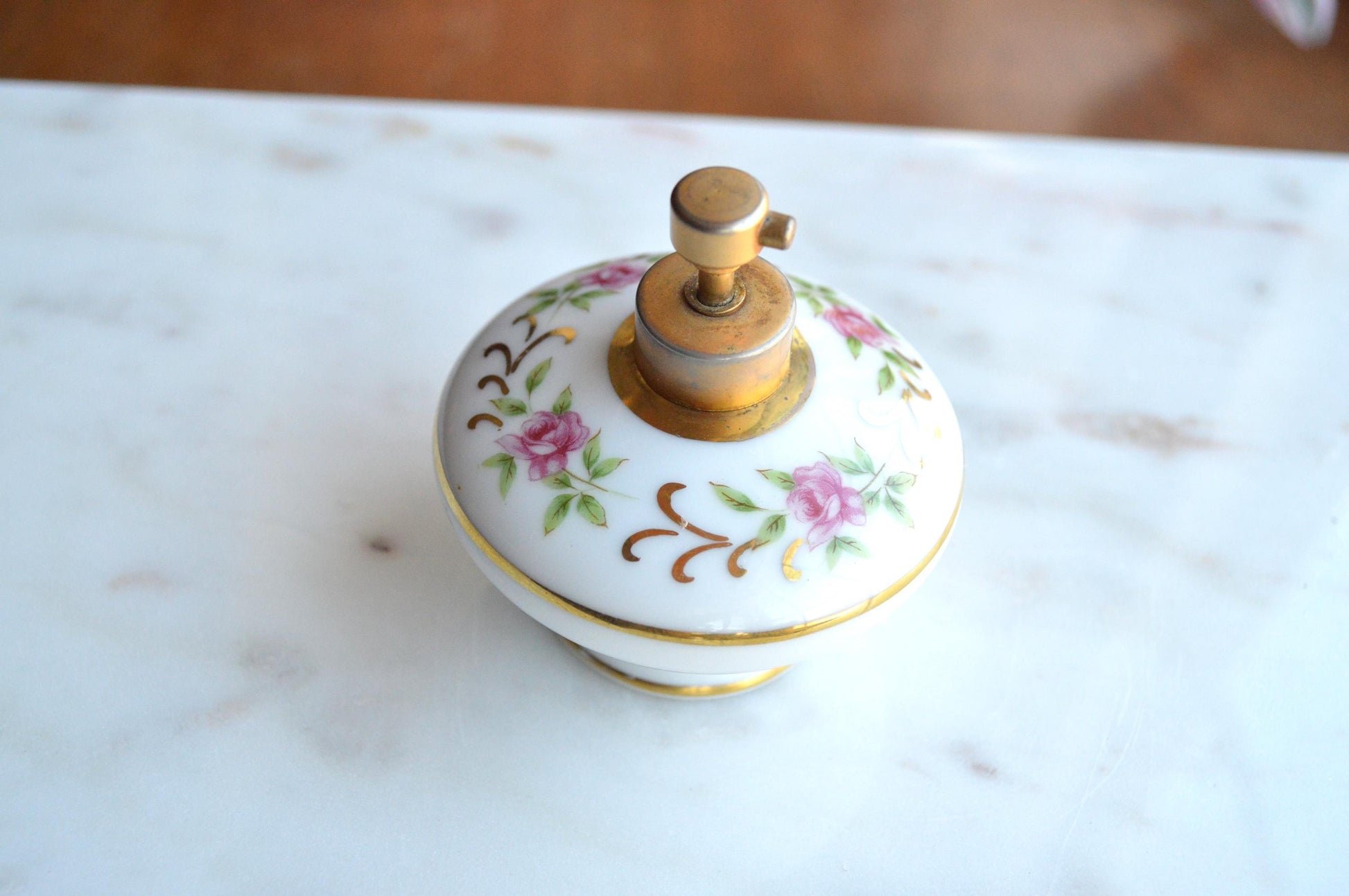 Vintage Holmspray Mid-Century Porcelain Perfume Bottle, T.J. Holmes, Chartley Mass., Gold Trim