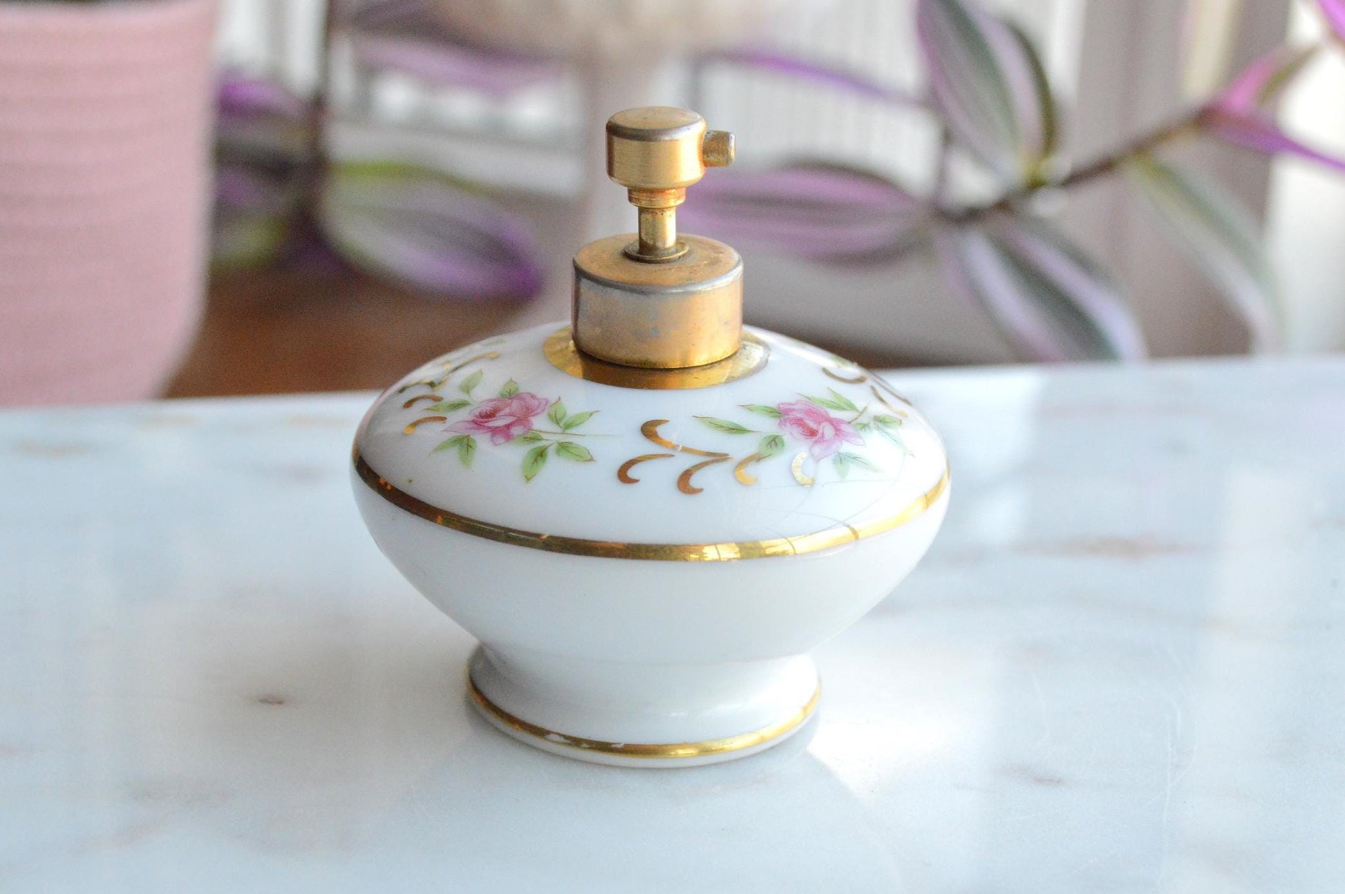Vintage Holmspray Mid-Century Porcelain Perfume Bottle, T.J. Holmes, Chartley Mass., Gold Trim