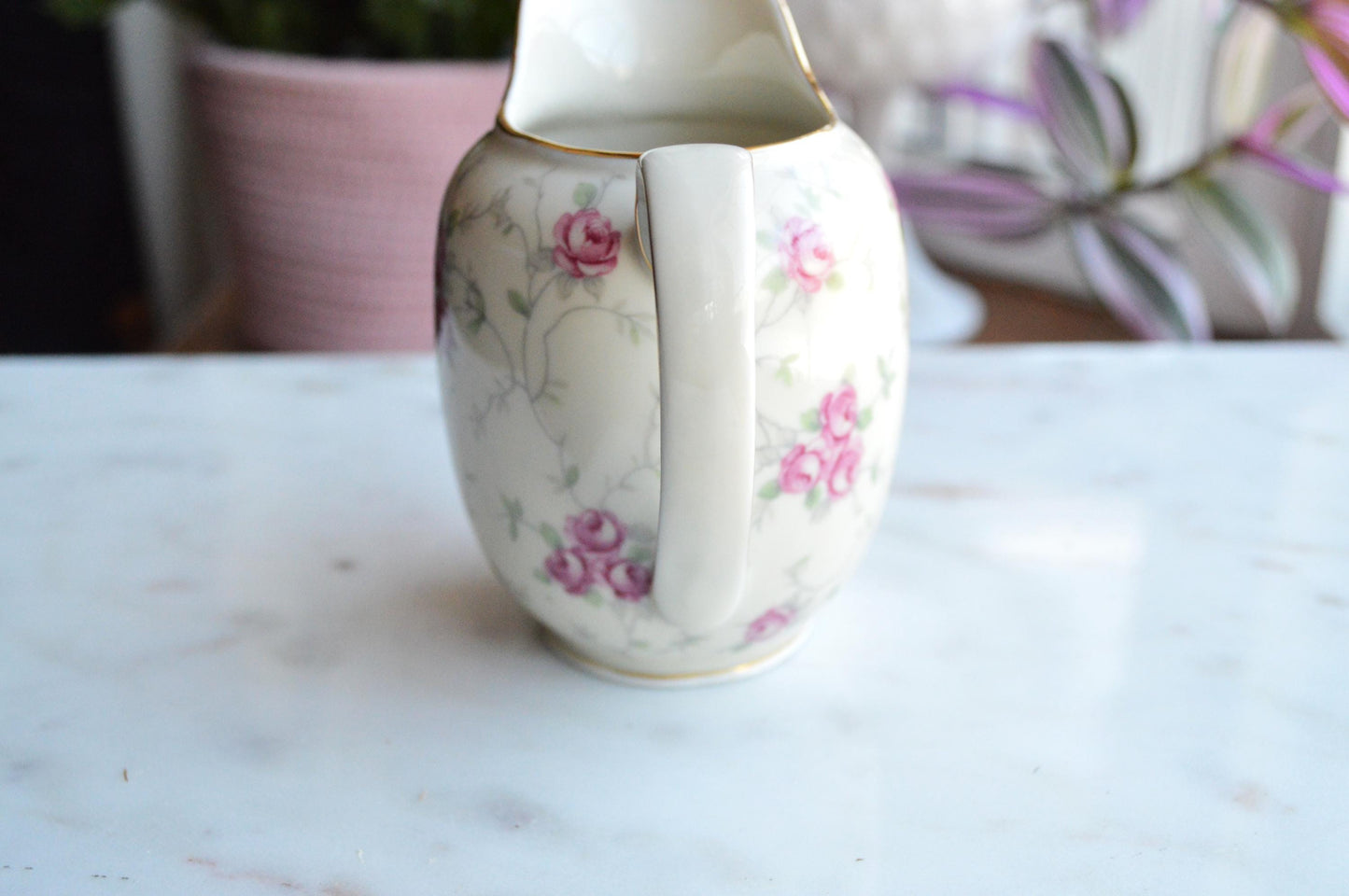 Vintage Schumann Arzberg Germany Porcelain Creamer, Pink Rose Pattern, Gold Trim, Circa 1932-1944