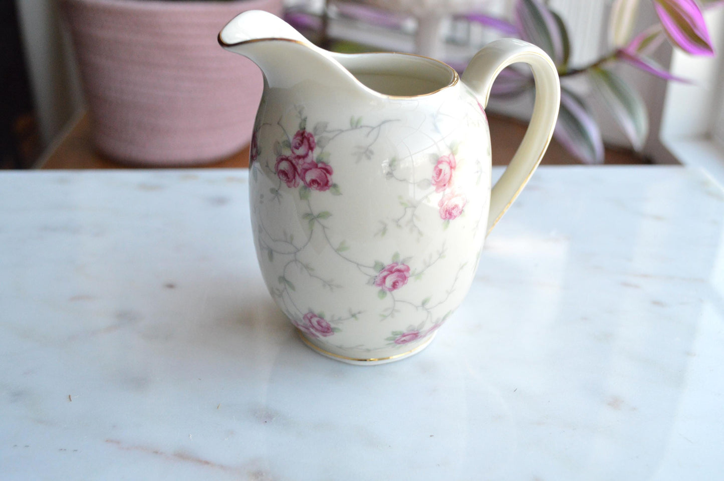Vintage Schumann Arzberg Germany Porcelain Creamer, Pink Rose Pattern, Gold Trim, Circa 1932-1944