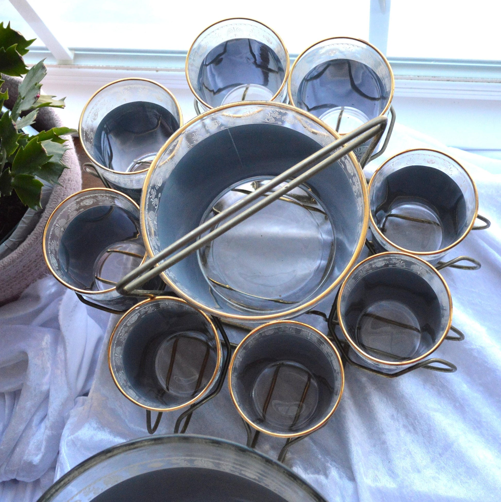 Vintage Jeannette Glass Punch Set, Hellenic Blue Greek Key Design, 1950s Barware