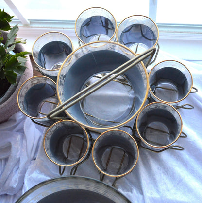 Vintage Jeannette Glass Punch Set, Hellenic Blue Greek Key Design, 1950s Barware