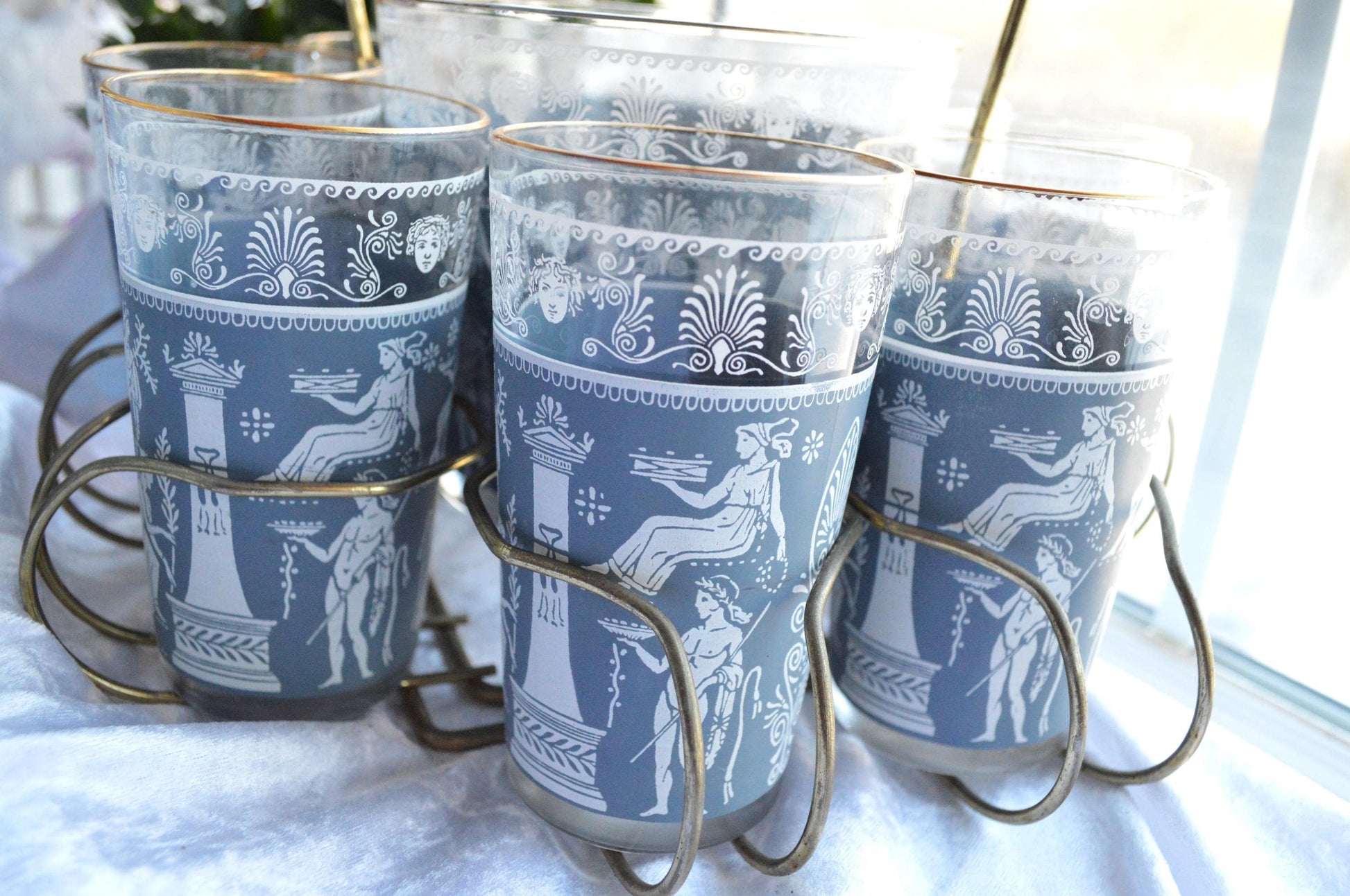 Vintage Jeannette Glass Punch Set, Hellenic Blue Greek Key Design, 1950s Barware