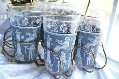 Vintage Jeannette Glass Punch Set, Hellenic Blue Greek Key Design, 1950s Barware