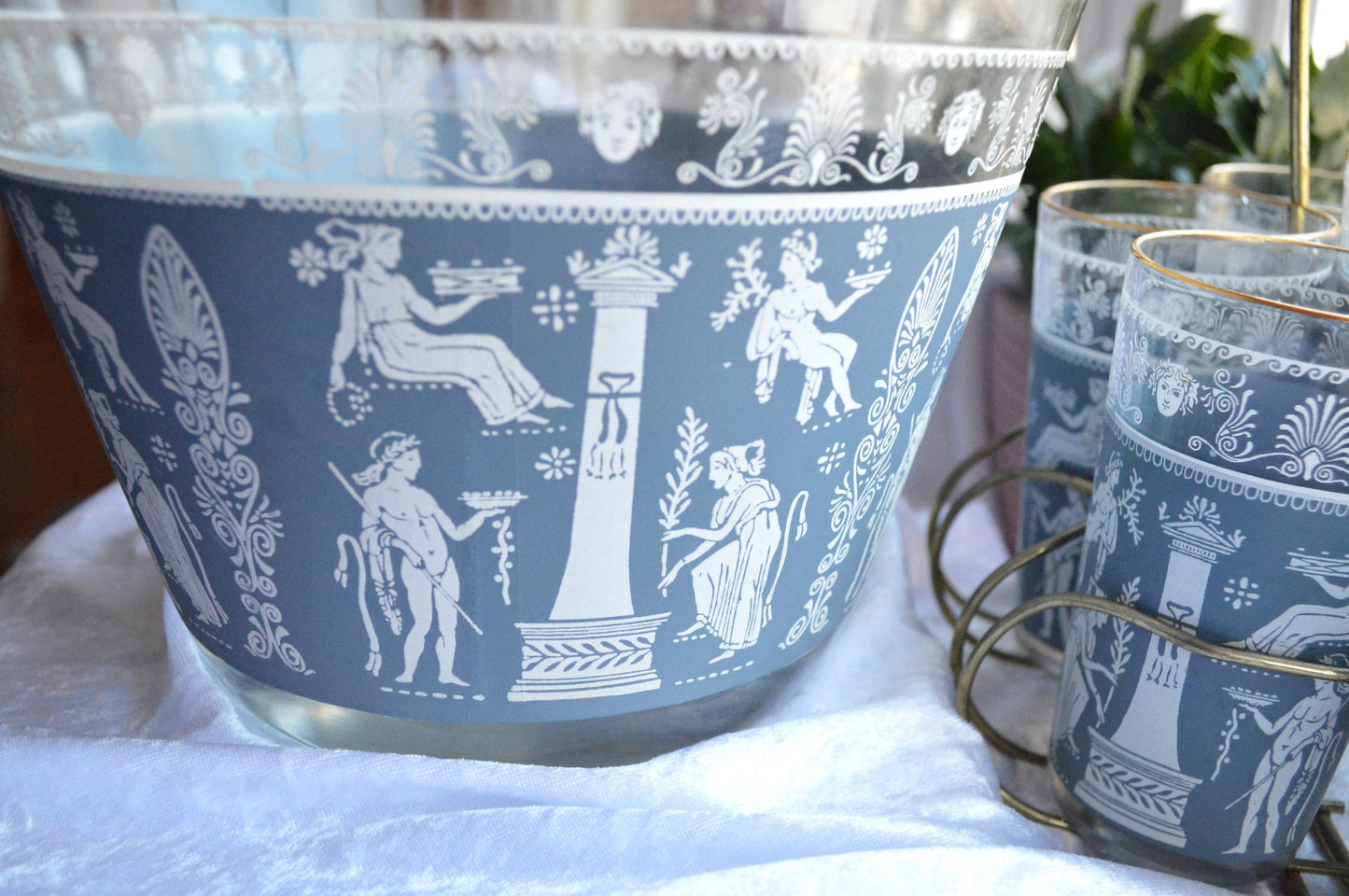 Vintage Jeannette Glass Punch Set, Hellenic Blue Greek Key Design, 1950s Barware