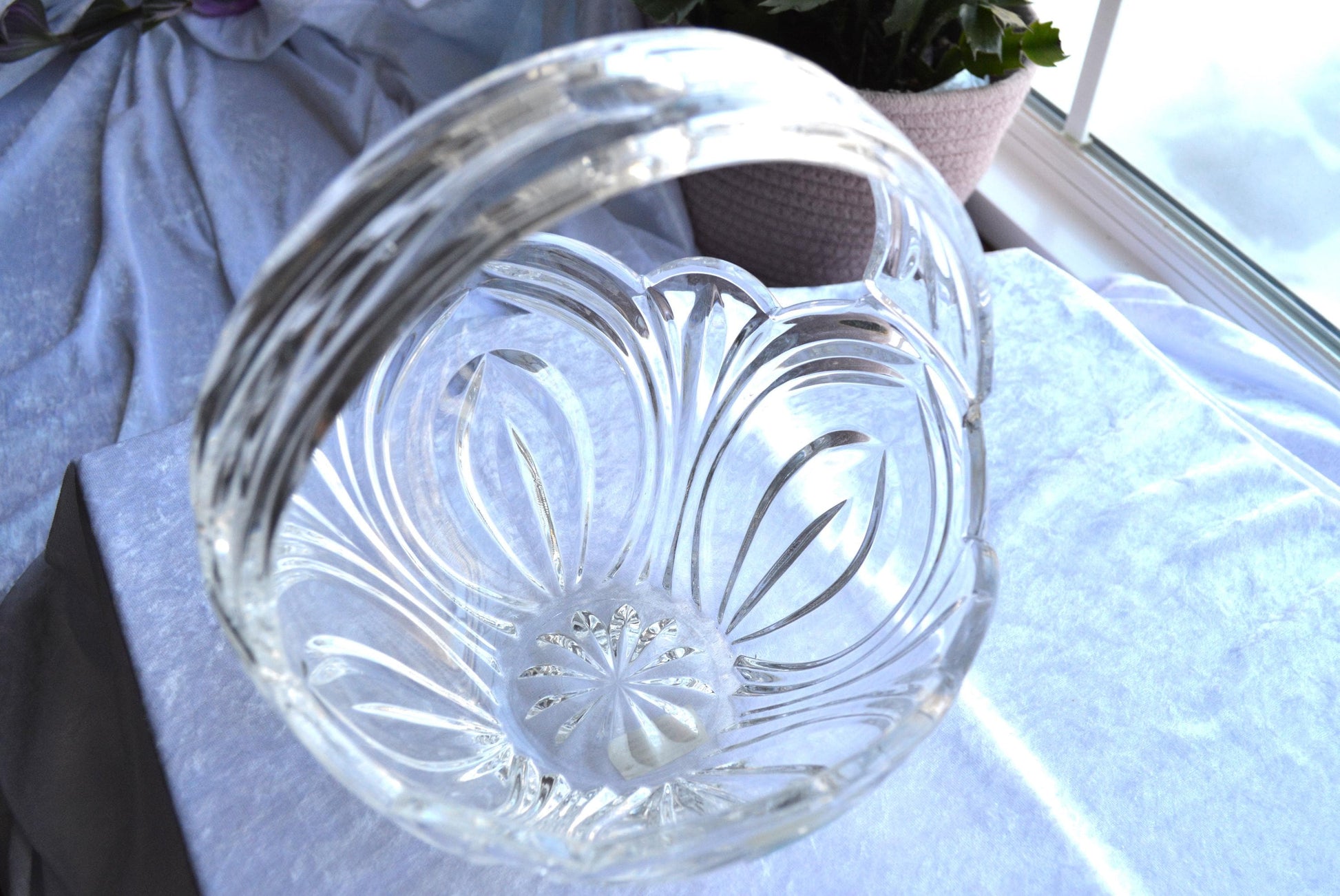 Vintage Cut Lead Crystal Tulip Flower Bowl Basket