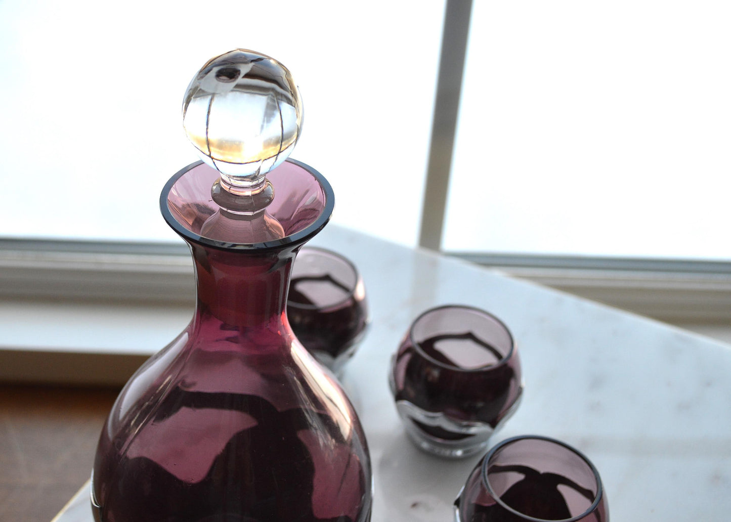 Vintage Art Deco Farber Brothers Krome Kraft Decanter Set in Amethyst Glass