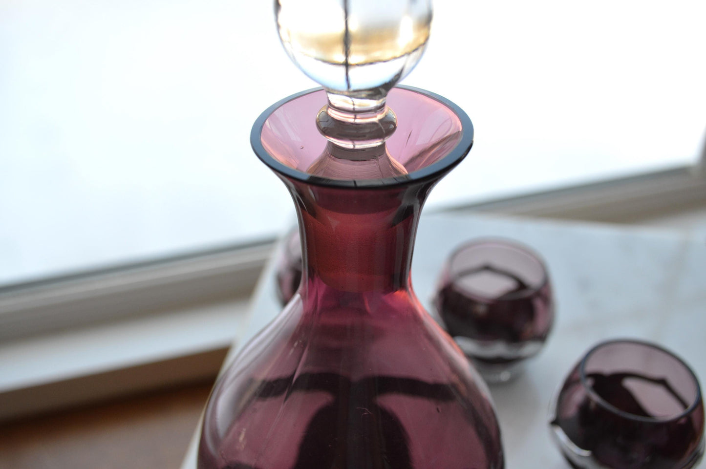 Vintage Art Deco Farber Brothers Krome Kraft Decanter Set in Amethyst Glass