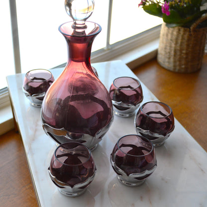Vintage Art Deco Farber Brothers Krome Kraft Decanter Set in Amethyst Glass