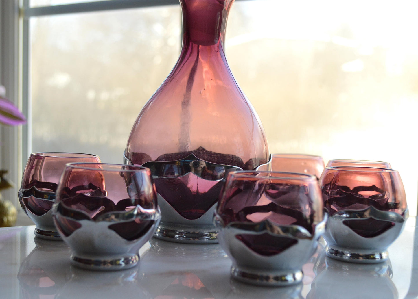 Vintage Art Deco Farber Brothers Krome Kraft Decanter Set in Amethyst Glass