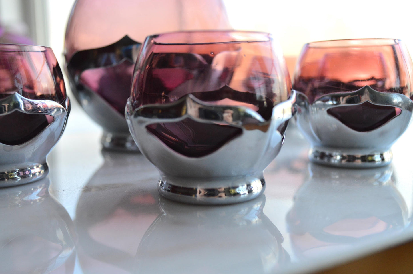 Vintage Art Deco Farber Brothers Krome Kraft Decanter Set in Amethyst Glass