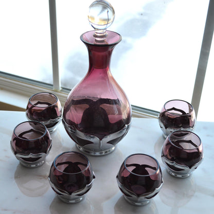 Vintage Art Deco Farber Brothers Krome Kraft Decanter Set in Amethyst Glass
